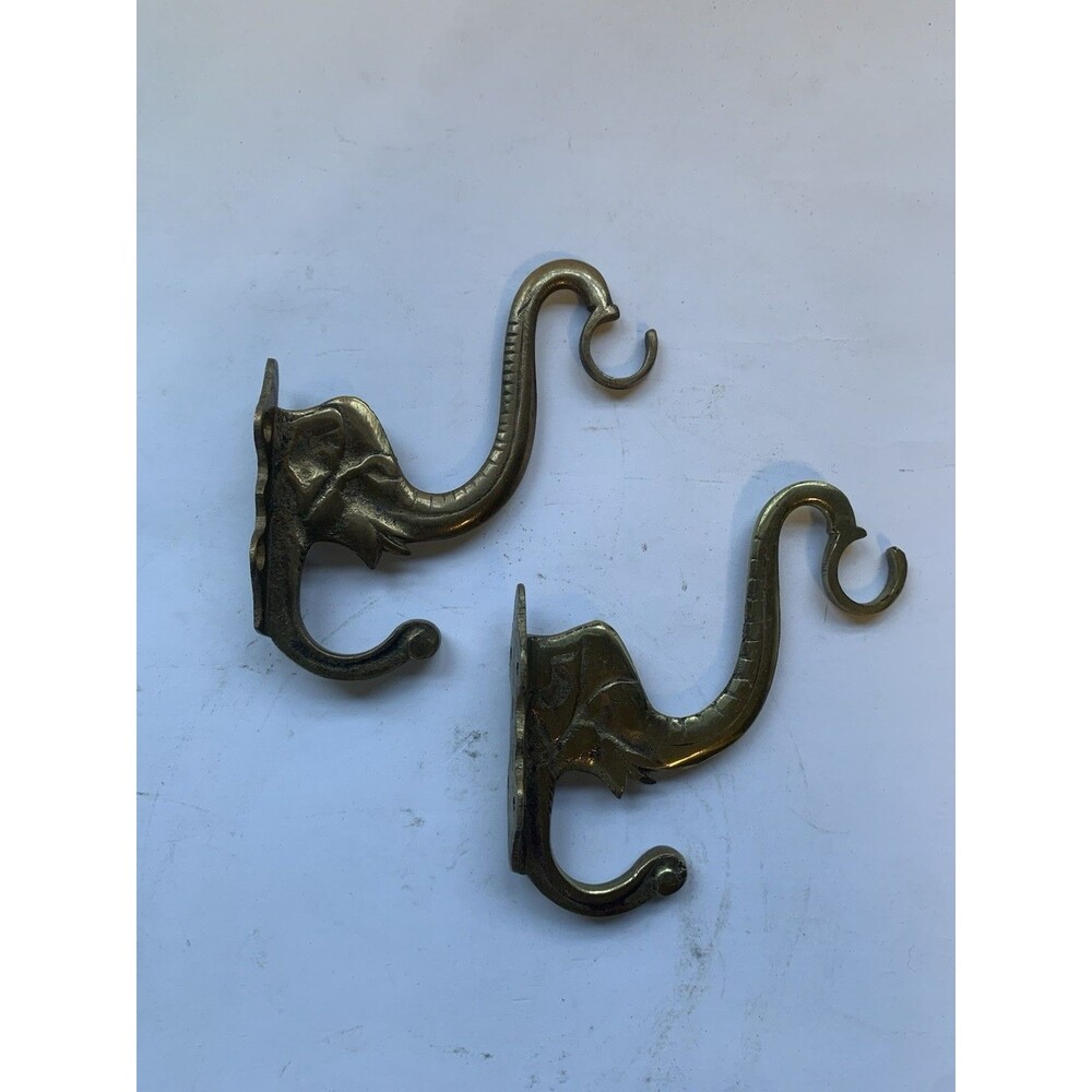Elephant Brass Finish 3-Prong Wall Mounted Coat Hooks Pair Art Nouveau Antique